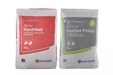 Two coat plaster system for use with metal lathing when bridging steel columns, beams and lintels for wall locations comprising of 11mm Thistle HardWall (undercoat) and 2mm ThistlePro FastSet Finish (finish coat).