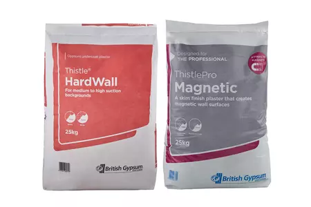 Two coat plaster system for medium to high suction backgrounds for wall locations comprising of 11mm Thistle HardWall (undercoat) and 3 to 6mm ThistlePro Magnetic (finish coat).